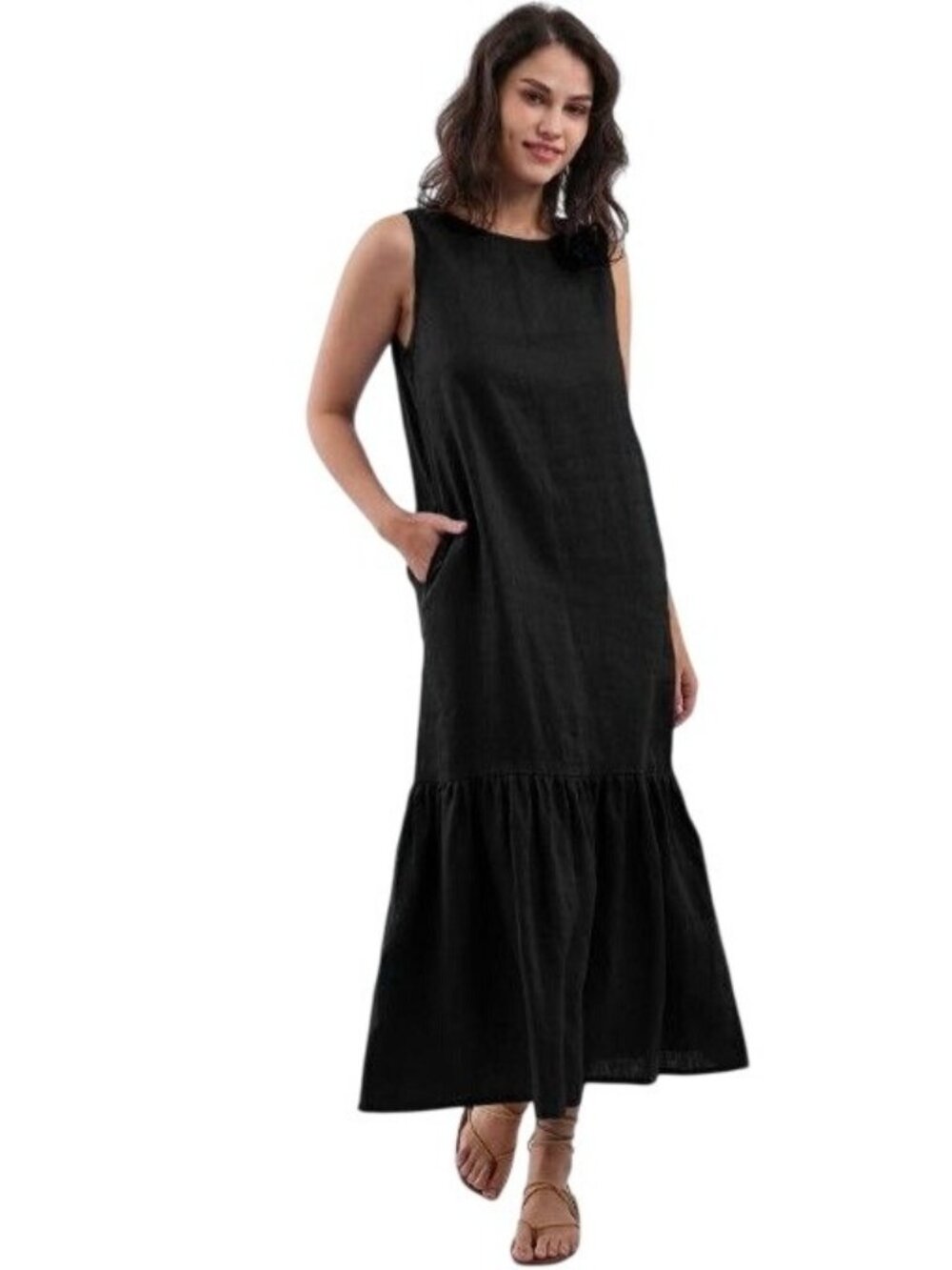The Drop Women's Sleeveless Black Tiered Midi Dress Size S Cotton Summer Ease